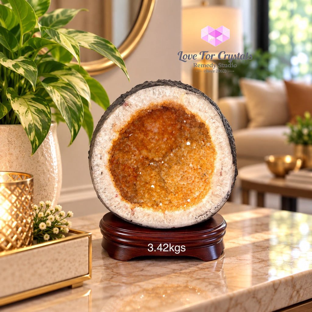 Citrine Wealth Bowl Geode (Brazil) with wooden base - 3.42kgs 140mm - Citrine