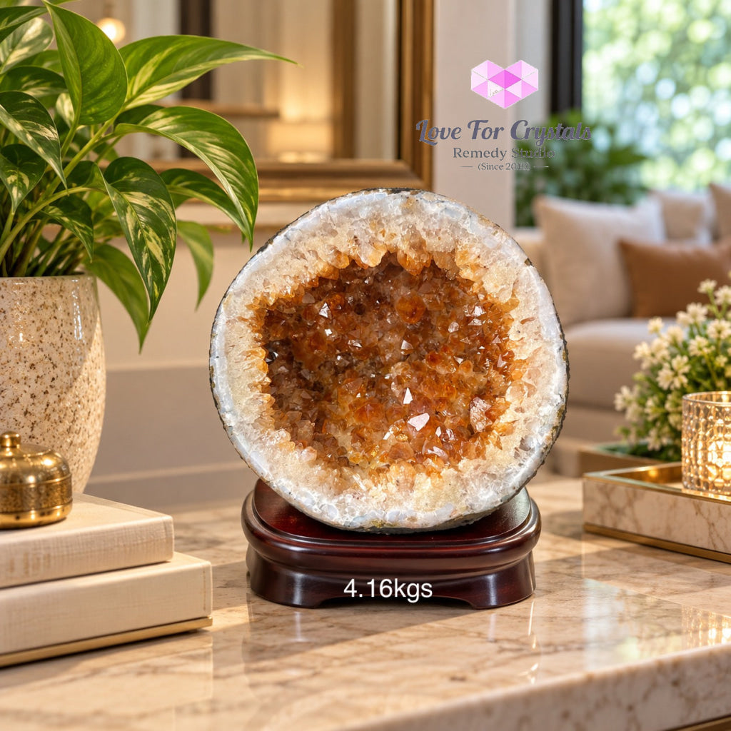 Citrine Wealth Bowl Geode (Brazil) with wooden base - 4.16kgs 130mm - Citrine