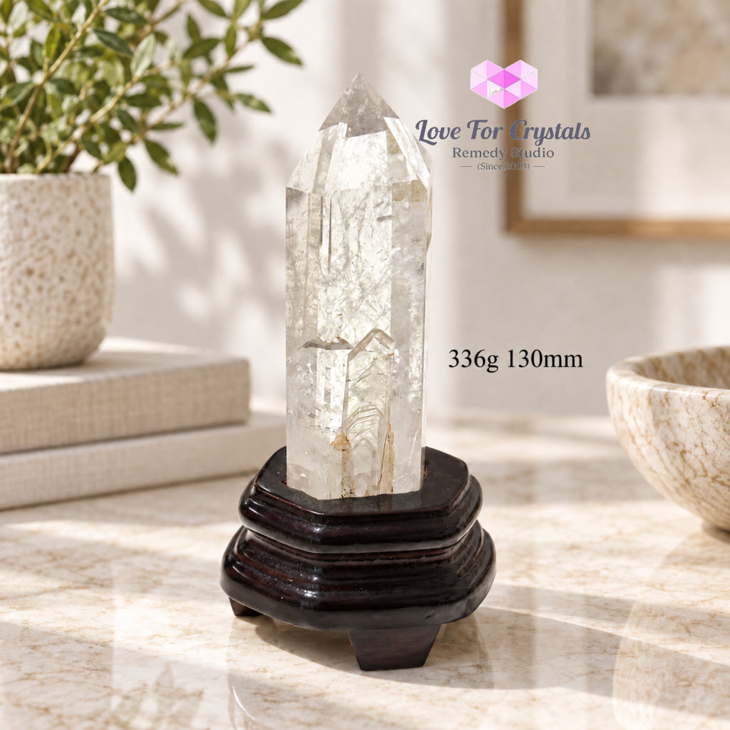 Clear Quartz Tower Anchor Point with Stand (Premium AAA Grade) - 336g 130mm - Clear quartz