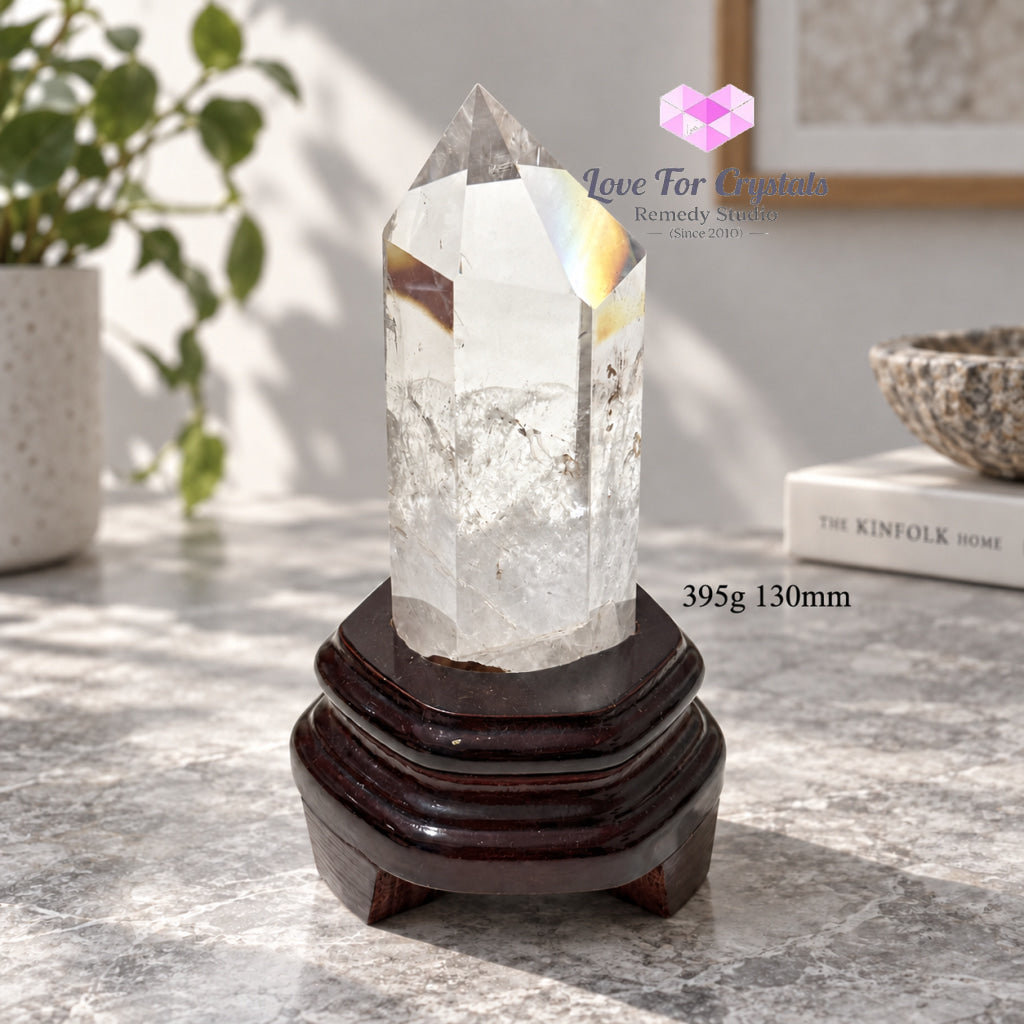 Clear Quartz Tower Anchor Point with Stand (Premium AAA Grade) - 395g 130mm - Clear quartz