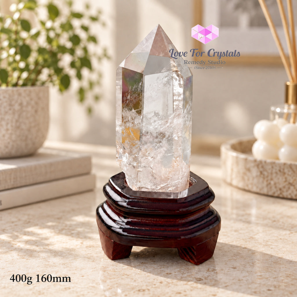 Clear Quartz Tower Anchor Point with Stand (Premium AAA Grade) - 400g 160mm - Clear quartz