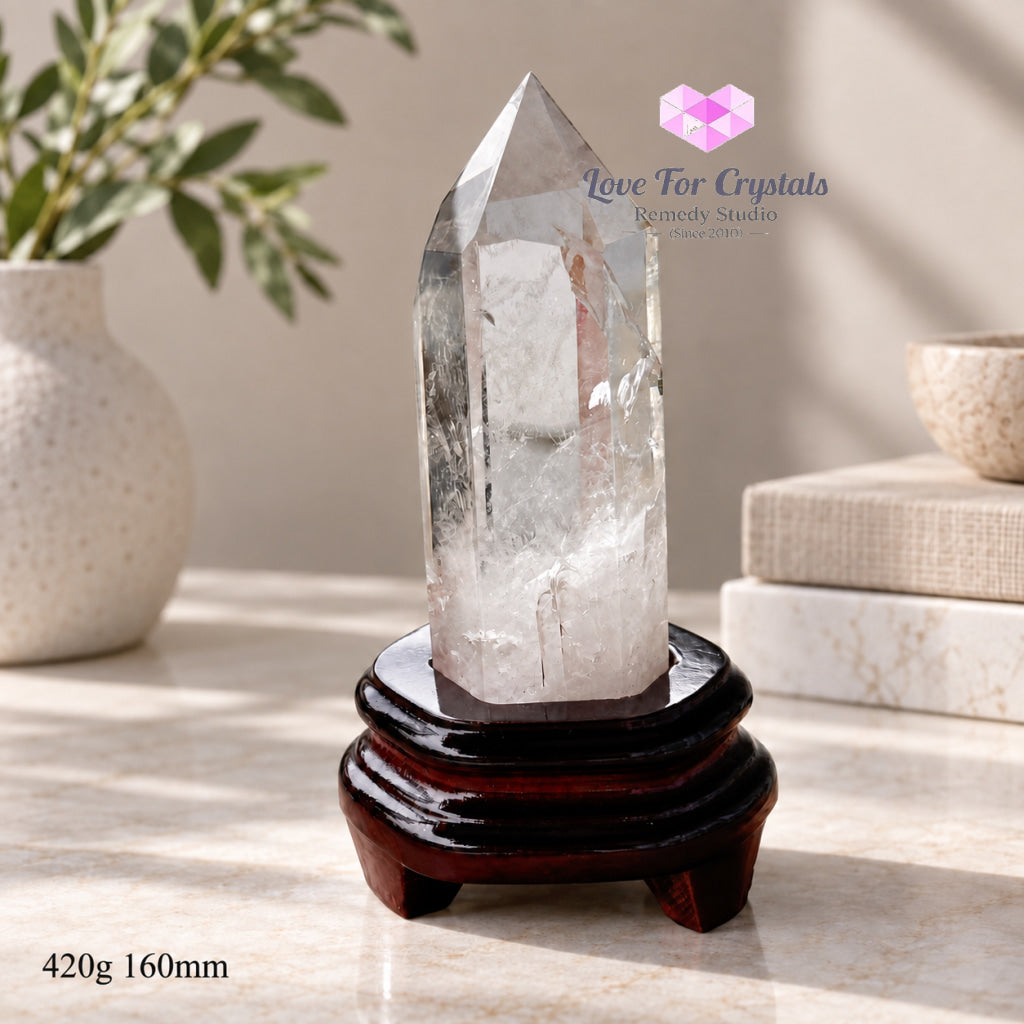 Clear Quartz Tower Anchor Point with Stand (Premium AAA Grade) - 420g 160mm - Clear quartz