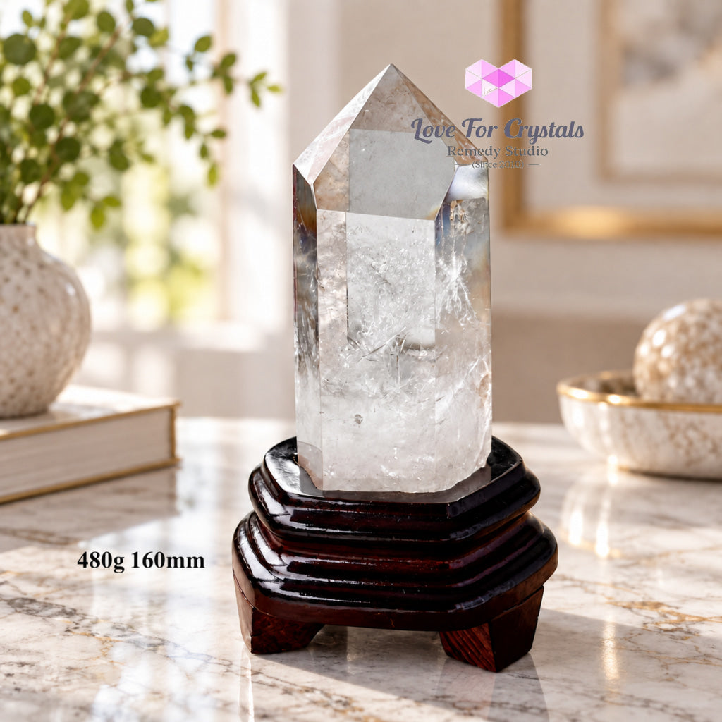 Clear Quartz Tower Anchor Point with Stand (Premium AAA Grade) - 480g 160mm - Clear quartz