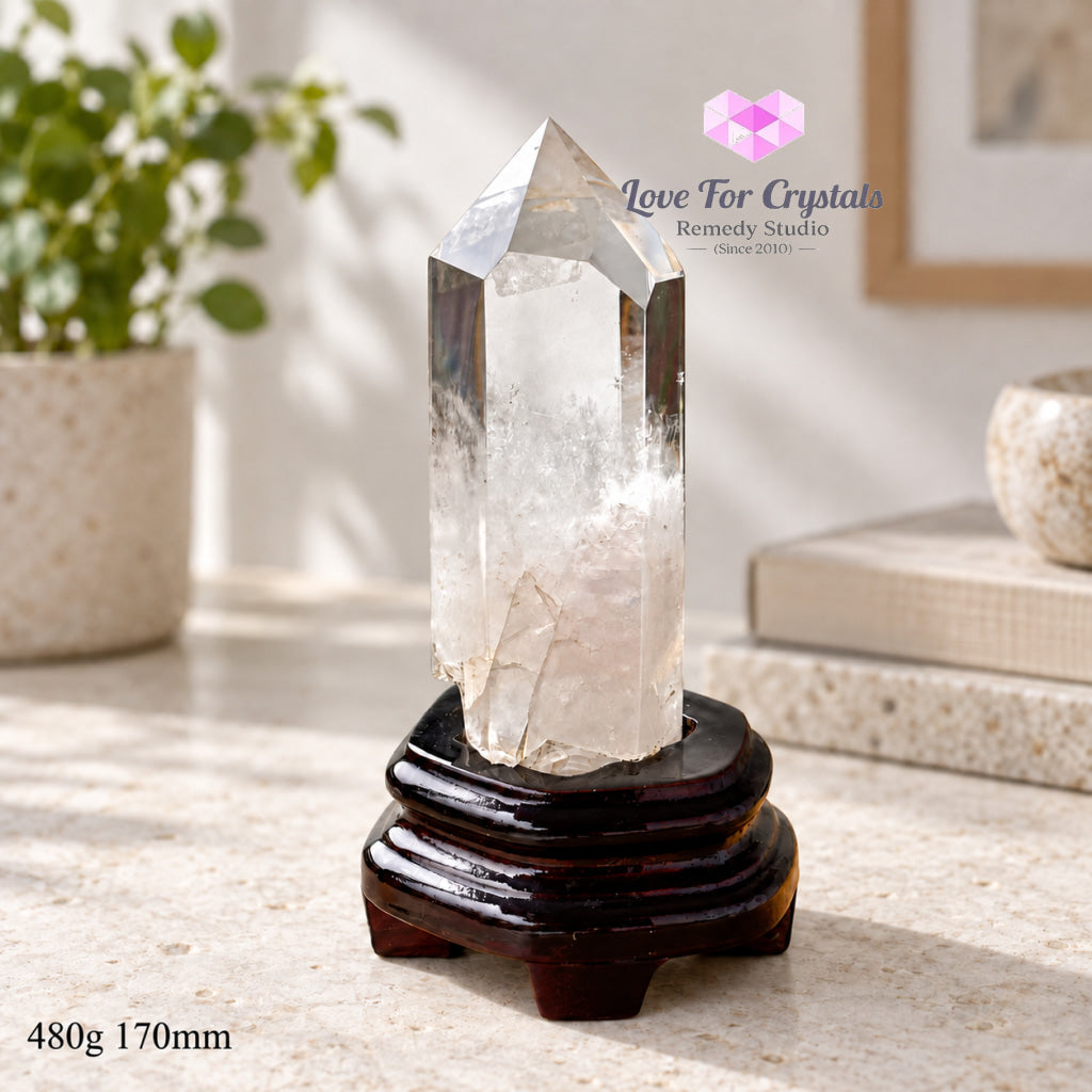 Clear Quartz Tower Anchor Point with Stand (Premium AAA Grade) - 480g 170mm - Clear quartz