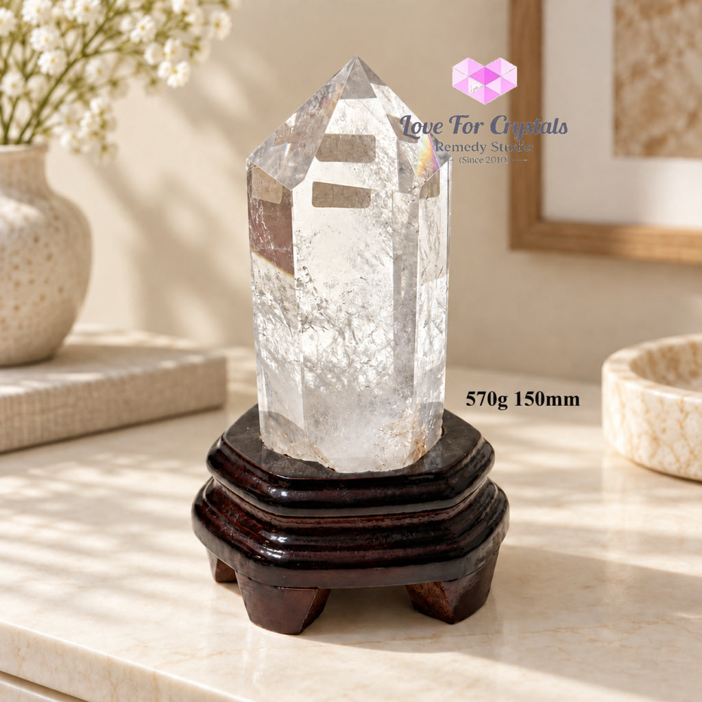 Clear Quartz Tower Anchor Point with Stand (Premium AAA Grade) - 570g 150mm - Clear quartz