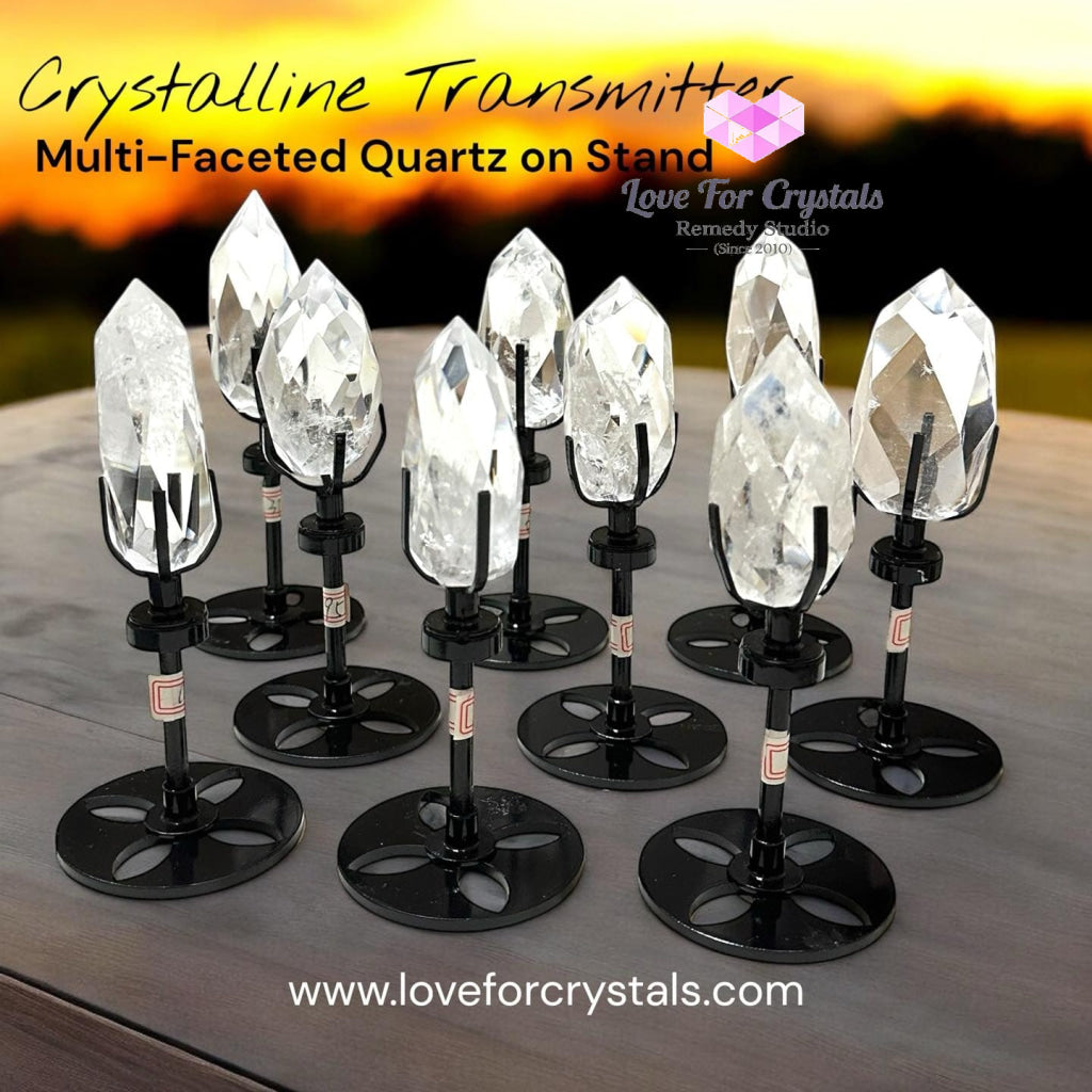 Crystalline Transmitter (Multi Faceted Brazil Clear Quartz On Stand)Pre-coded & Activated Clear quartz