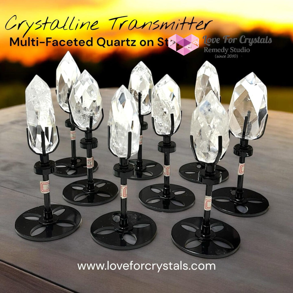 Crystalline Transmitter (Multi Faceted Brazil Clear Quartz On Stand)Pre-coded & Activated Clear quartz