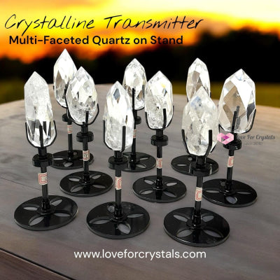 Crystalline Transmitter (Multi Faceted Brazil Clear Quartz On Stand)Pre-coded & Activated Clear quartz