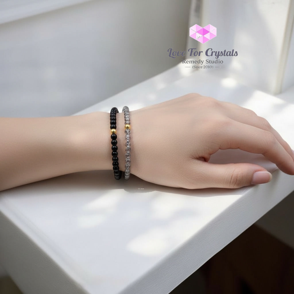 Daily Protection Duo Bracelet Set (4mm Black Tourmaline & Black Rutile with 14k gold filled) Encoded & Activated