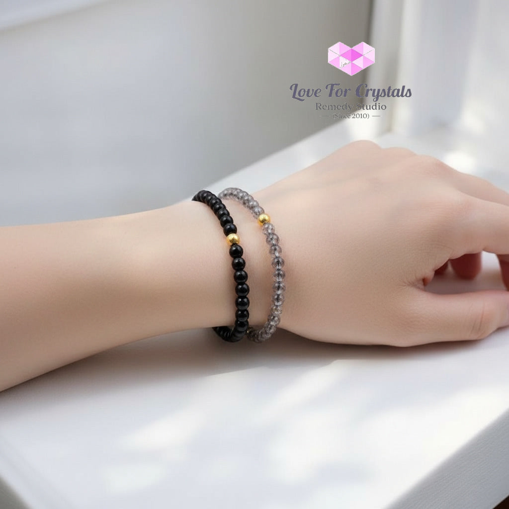 Daily Protection Duo Bracelet Set (4mm Black Tourmaline & Black Rutile with 14k gold filled) Encoded & Activated