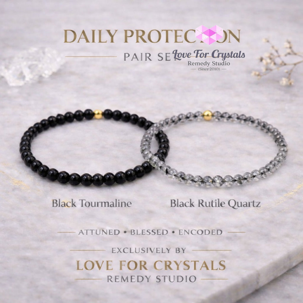 Daily Protection Duo Bracelet Set (4mm Black Tourmaline & Black Rutile with 14k gold filled) Encoded & Activated