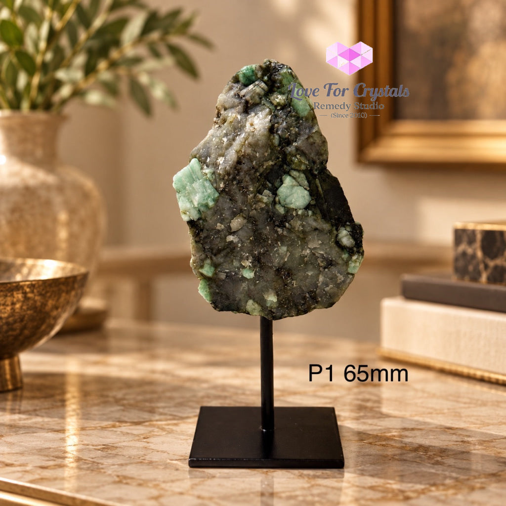 Emerald Raw Mounted on Black Metal Stand (Brazil) Luck Anchor - P1 65mm