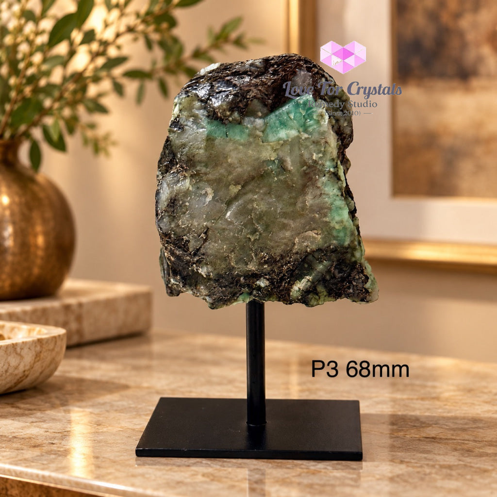 Emerald Raw Mounted on Black Metal Stand (Brazil) Luck Anchor - P3 68mm