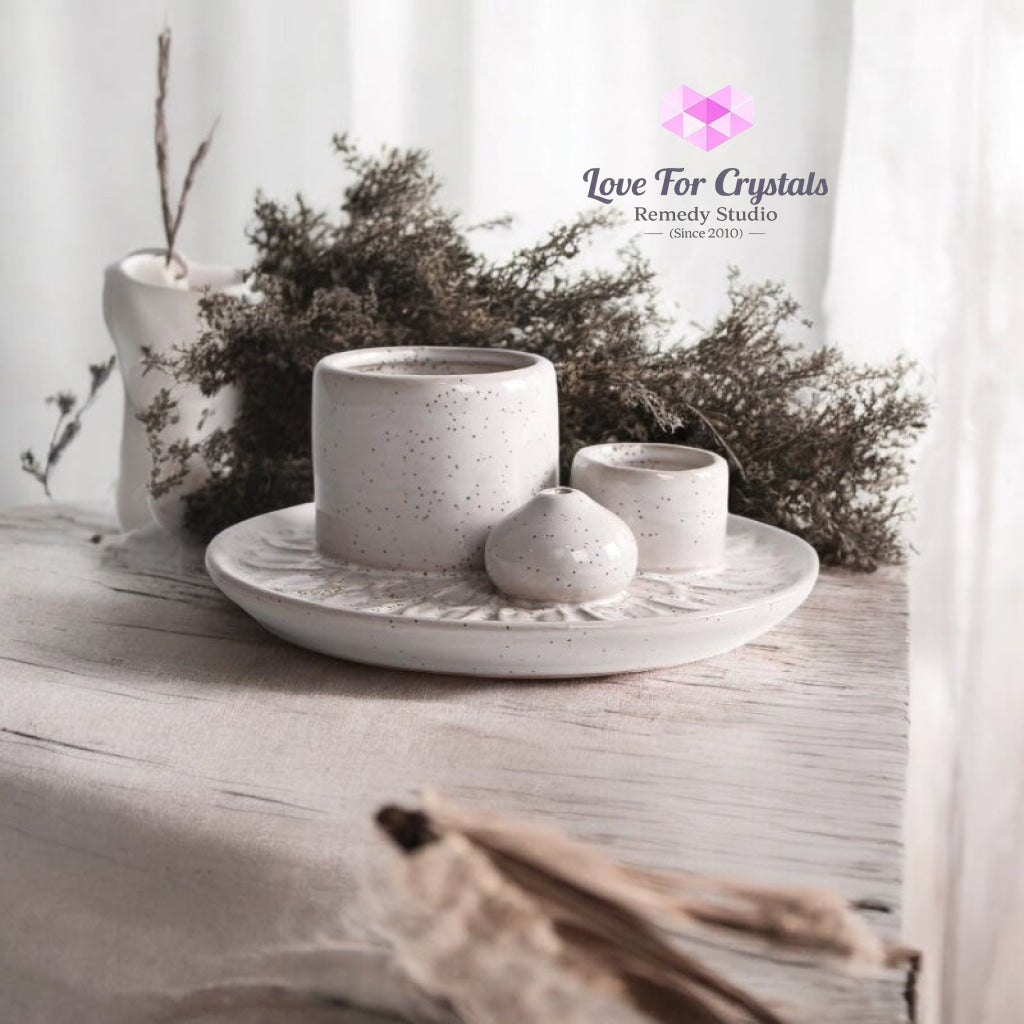 Encoded Sacred Ceramic Dish Sets 13cmx5cm (Lightline Essentials) Holder White Incense