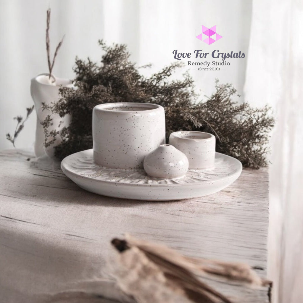 Encoded Sacred Ceramic Dish Sets 13cmx5cm (Lightline Essentials) Holder White Incense