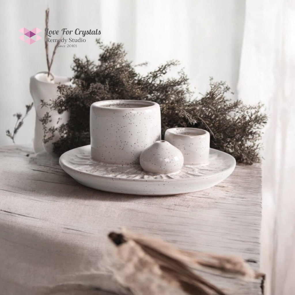 Encoded Sacred Ceramic Dish Sets 13cmx5cm (Lightline Essentials) Holder White Incense