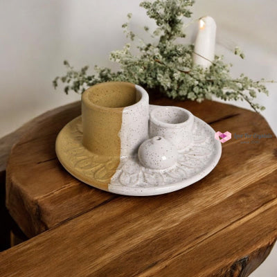 Encoded Sacred Ceramic Dish Sets 13cmx5cm (Lightline Essentials) Holder Two-Tone Incense