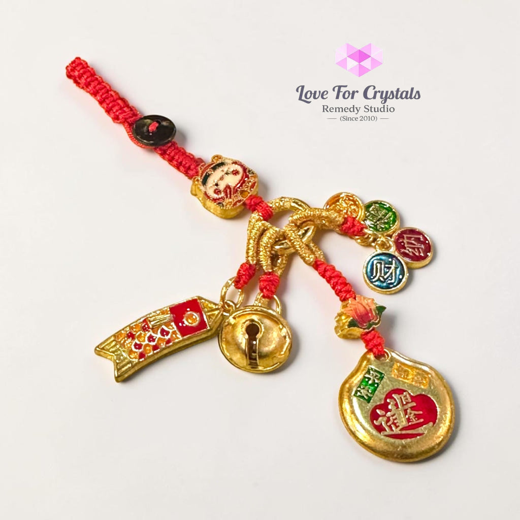 Five Blessings Prosperity Charm with Red String (10cm Alloy) - 10cm - Keychain