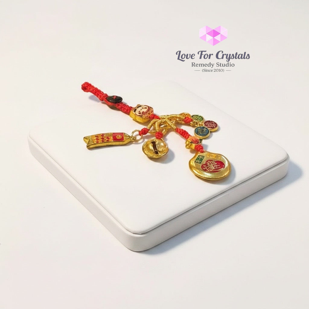 Five Blessings Prosperity Charm with Red String (10cm Alloy) - 10cm - Keychain