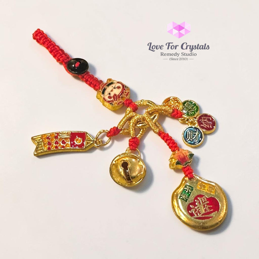 Five Blessings Prosperity Charm with Red String (10cm Alloy) - 10cm - Keychain