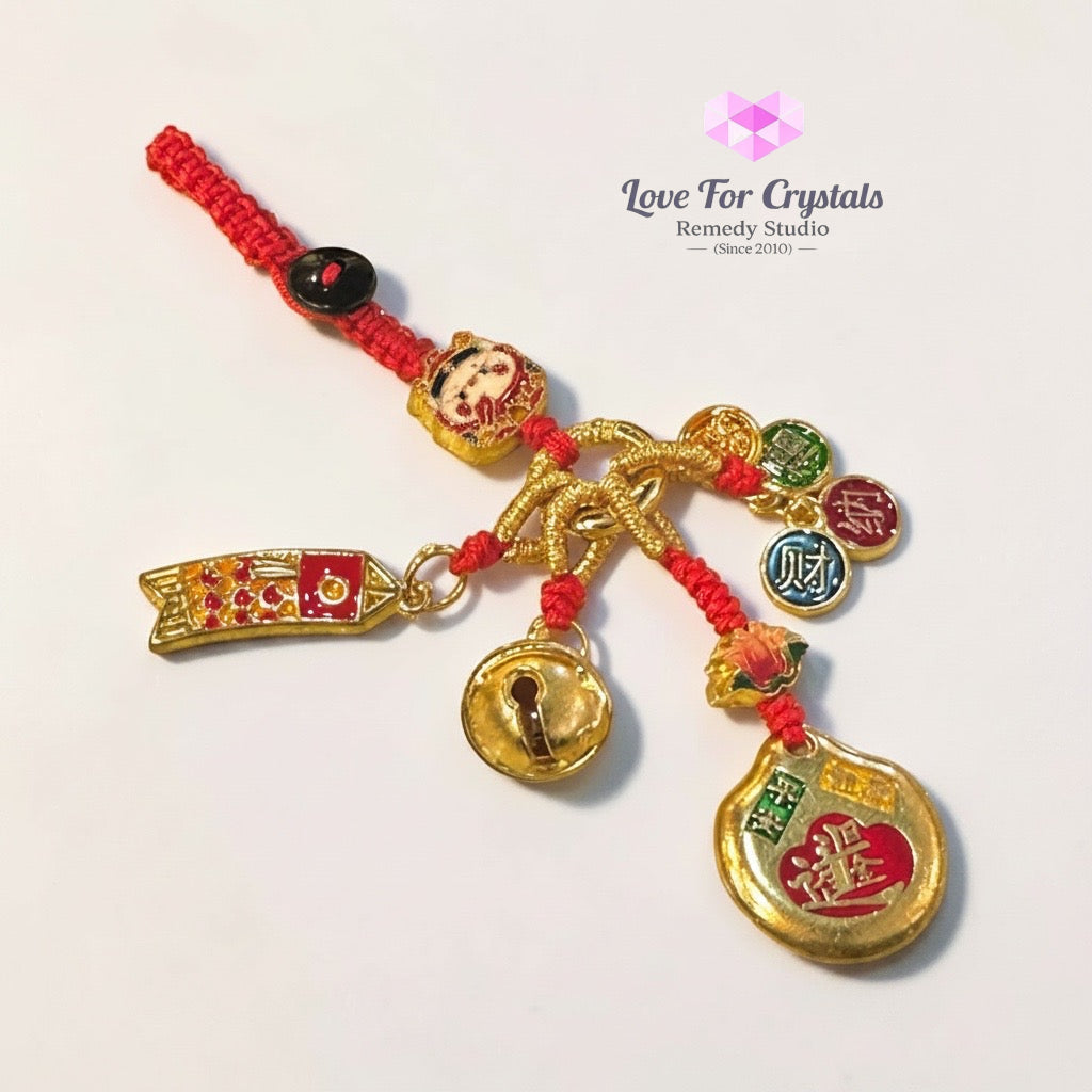 Five Blessings Prosperity Charm with Red String (10cm Alloy) - 10cm - Keychain
