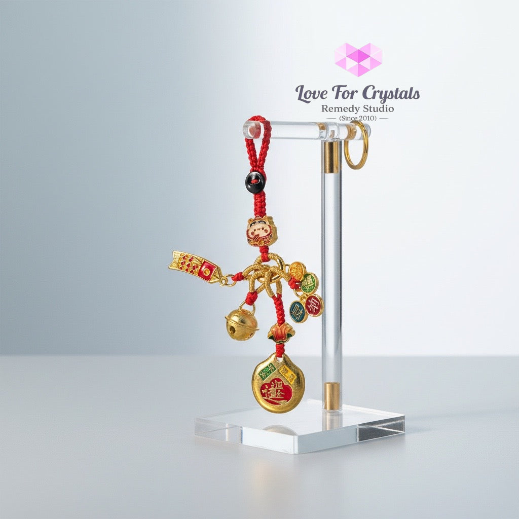 Five Blessings Prosperity Charm with Red String (10cm Alloy) - 10cm - Keychain