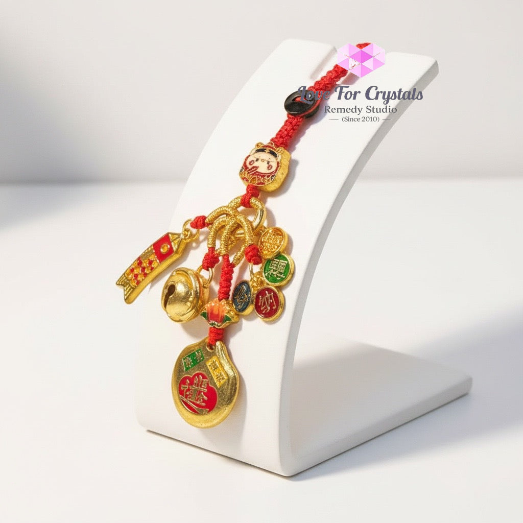 Five Blessings Prosperity Charm with Red String (10cm Alloy) - 10cm - Keychain