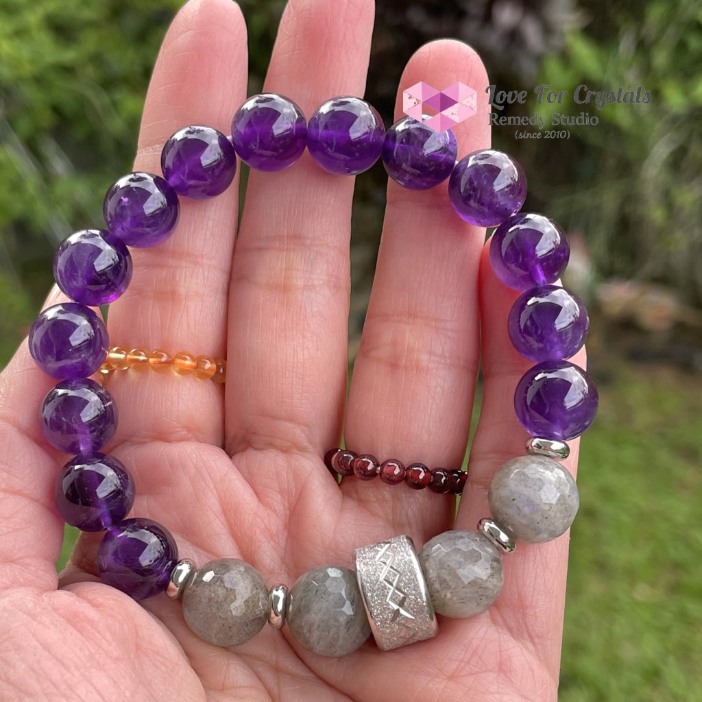 Focus Crystal Remedy Bracelet For Men (Premium Series) Amethyst Labradorite Stainless Steel Spacers