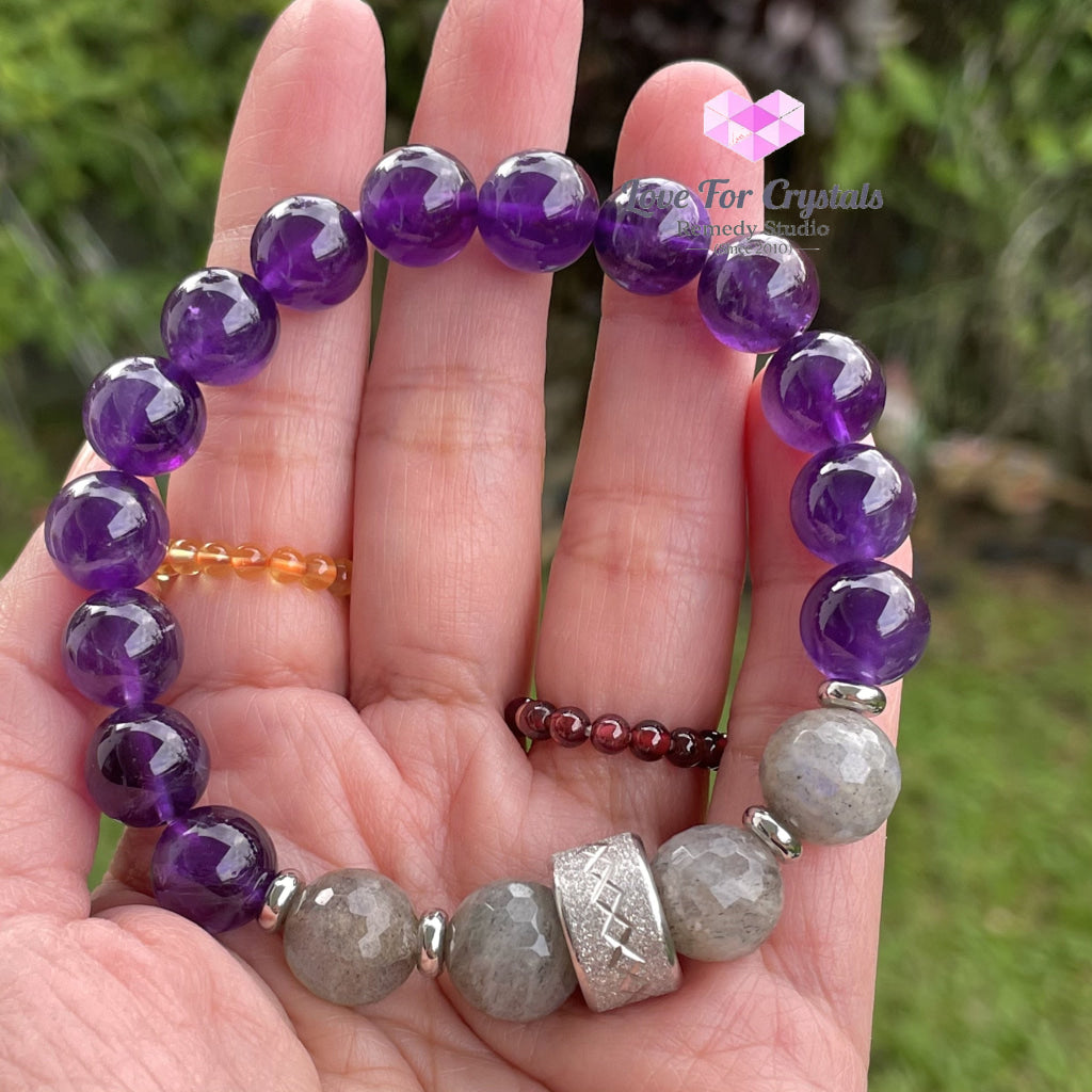 Focus Crystal Remedy Bracelet For Men (Premium Series) Amethyst Labradorite Stainless Steel Spacers