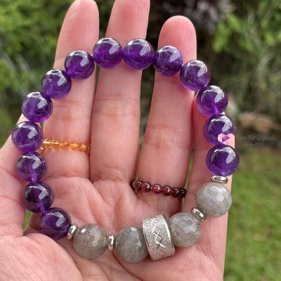 Focus Crystal Remedy Bracelet For Men (Premium Series) Amethyst Labradorite Stainless Steel Spacers