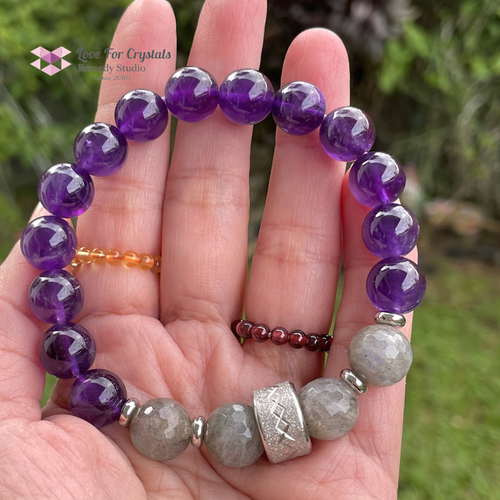 Focus Crystal Remedy Bracelet For Men (Premium Series) Amethyst Labradorite Stainless Steel Spacers