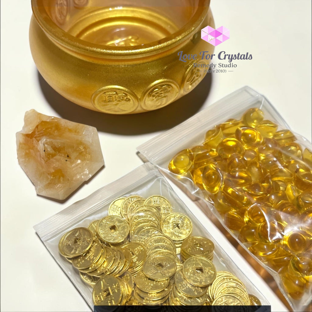 GOLDEN TREASURE BOWL Set (10cm Glass Bowl Golden Ingot Mini Coins & Citrine Point) - Citrine
