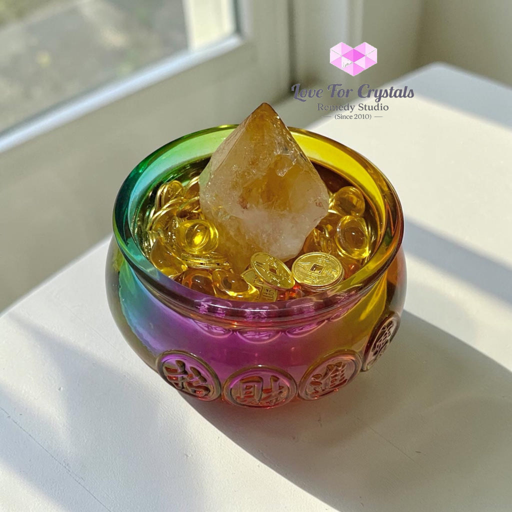 GOLDEN TREASURE BOWL Set (10cm Glass Bowl Golden Ingot Mini Coins & Citrine Point) - Citrine