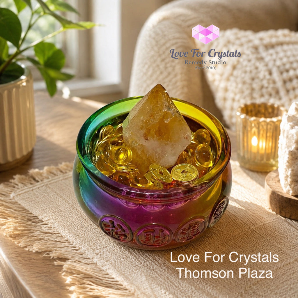 GOLDEN TREASURE BOWL Set (10cm Glass Bowl Golden Ingot Mini Coins & Citrine Point) - Citrine