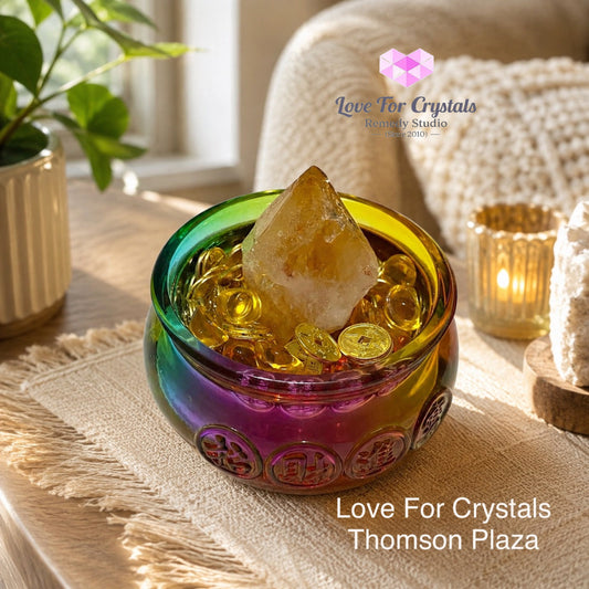 GOLDEN TREASURE BOWL Set (10cm Glass Bowl Golden Ingot Mini Coins & Citrine Point) - Citrine