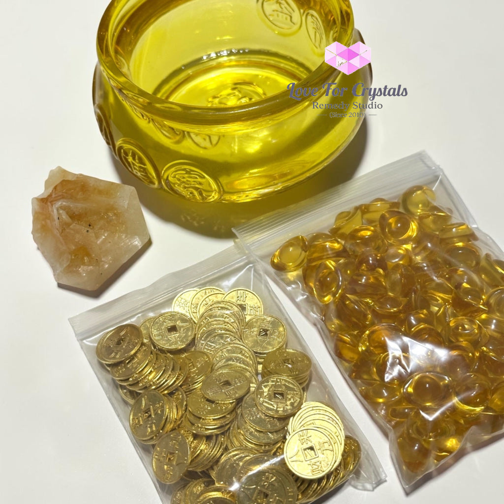 GOLDEN TREASURE BOWL Set (10cm Glass Bowl Golden Ingot Mini Coins & Citrine Point) - Citrine