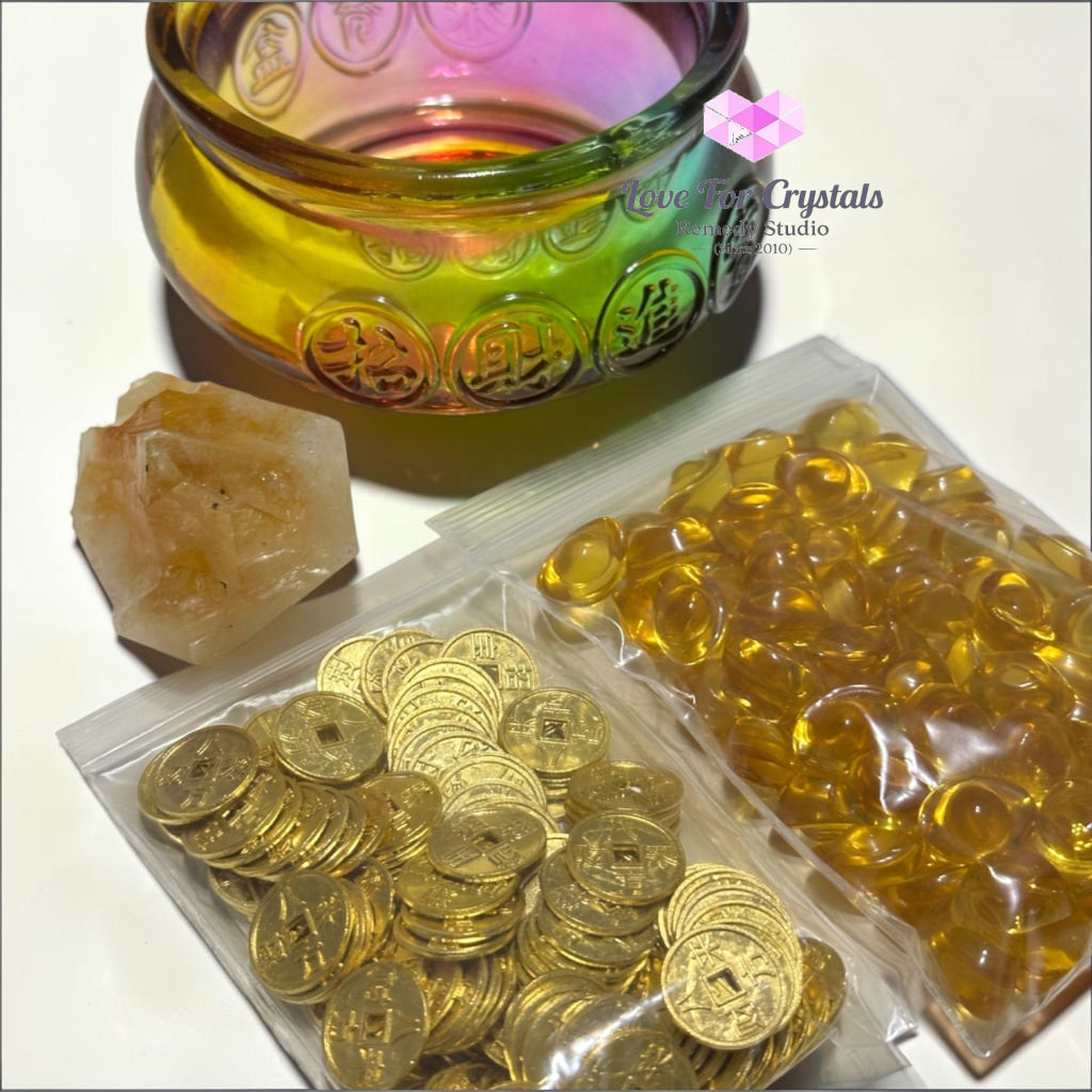 GOLDEN TREASURE BOWL Set (10cm Glass Bowl Golden Ingot Mini Coins & Citrine Point) - Citrine