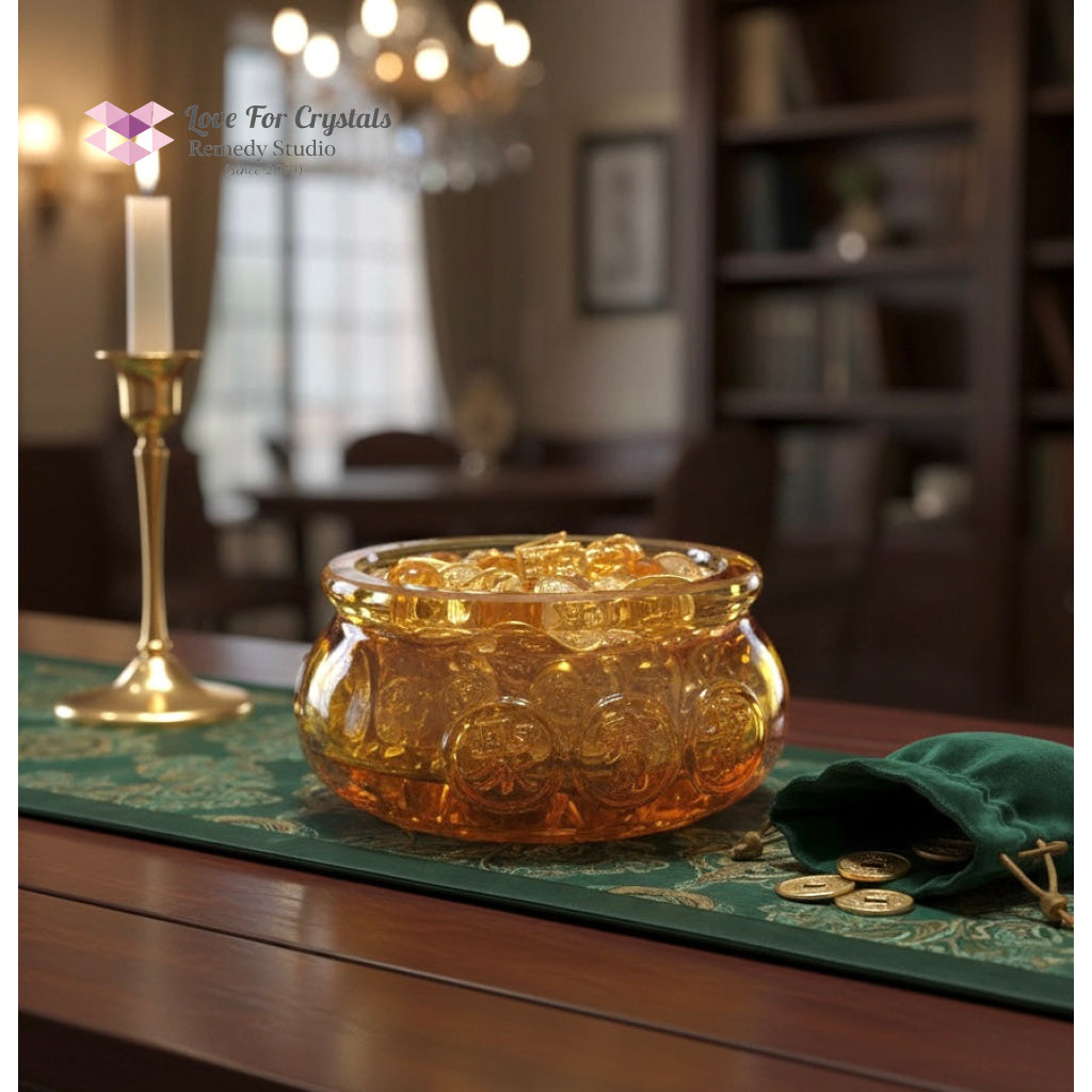 Golden Wealth Bowl (9cm Liuli Glass) Activated by Audrey 4cm Bowl with amulets & citrine chips Amulet