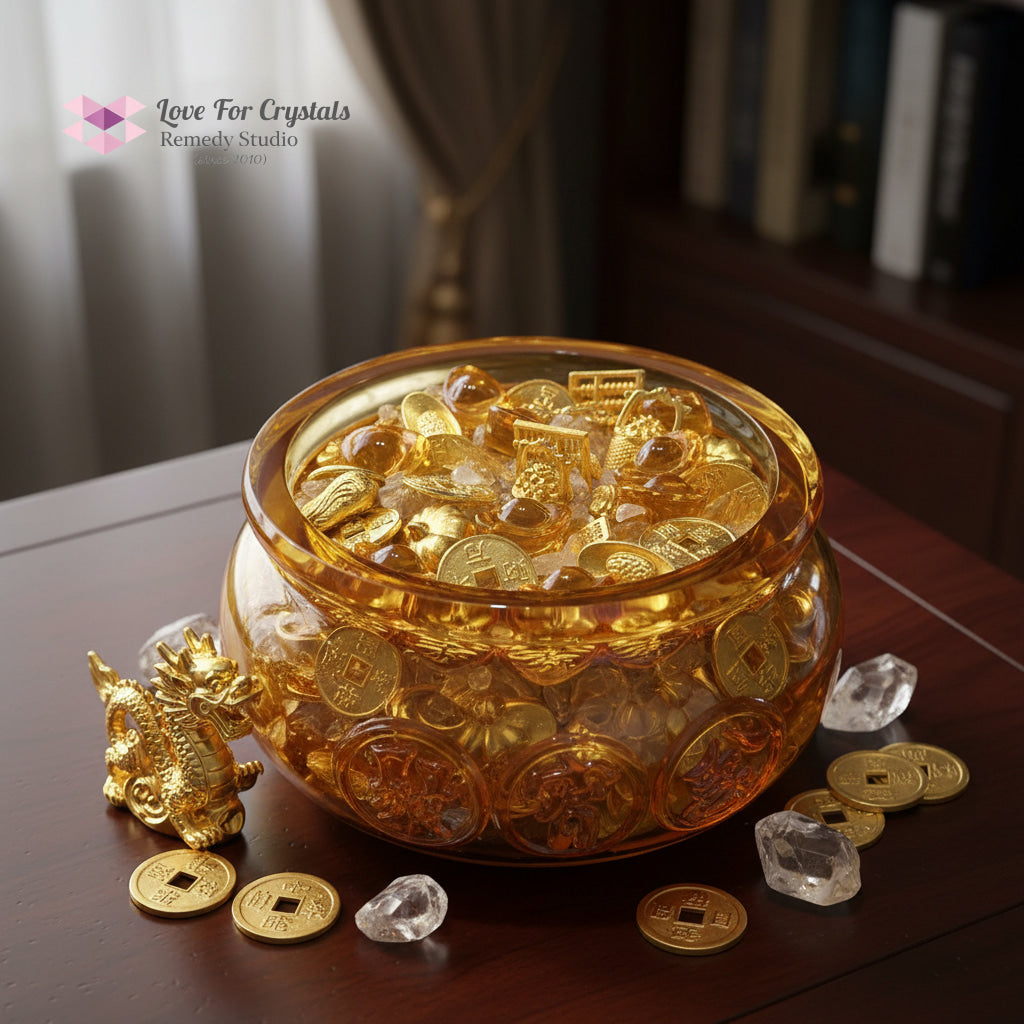 Golden Wealth Bowl (9cm Liuli Glass) Activated by Audrey 4cm Bowl with amulets & citrine chips Amulet