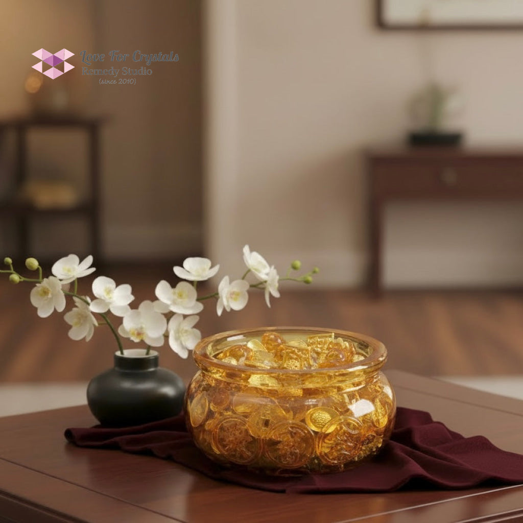 Golden Wealth Bowl (9cm Liuli Glass) Activated by Audrey 4cm Bowl with amulets & citrine chips Amulet