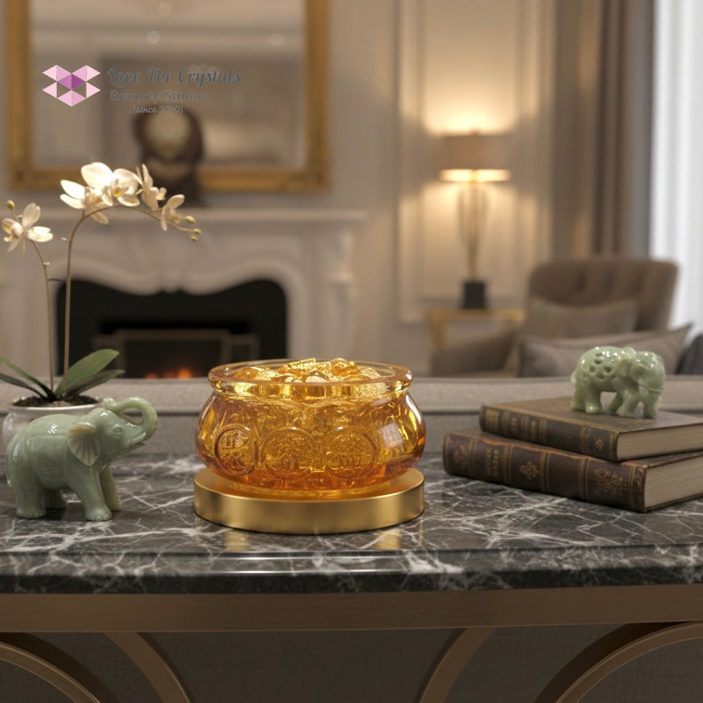 Golden Wealth Bowl (9cm Liuli Glass) Activated by Audrey 4cm Bowl with amulets & citrine chips Amulet