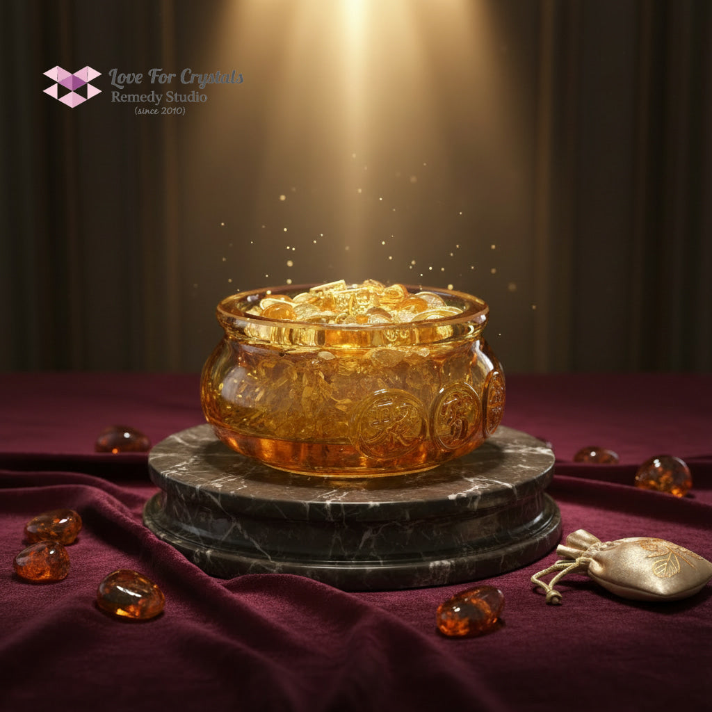 Golden Wealth Bowl (9cm Liuli Glass) Activated by Audrey 4cm Bowl with amulets & citrine chips Amulet