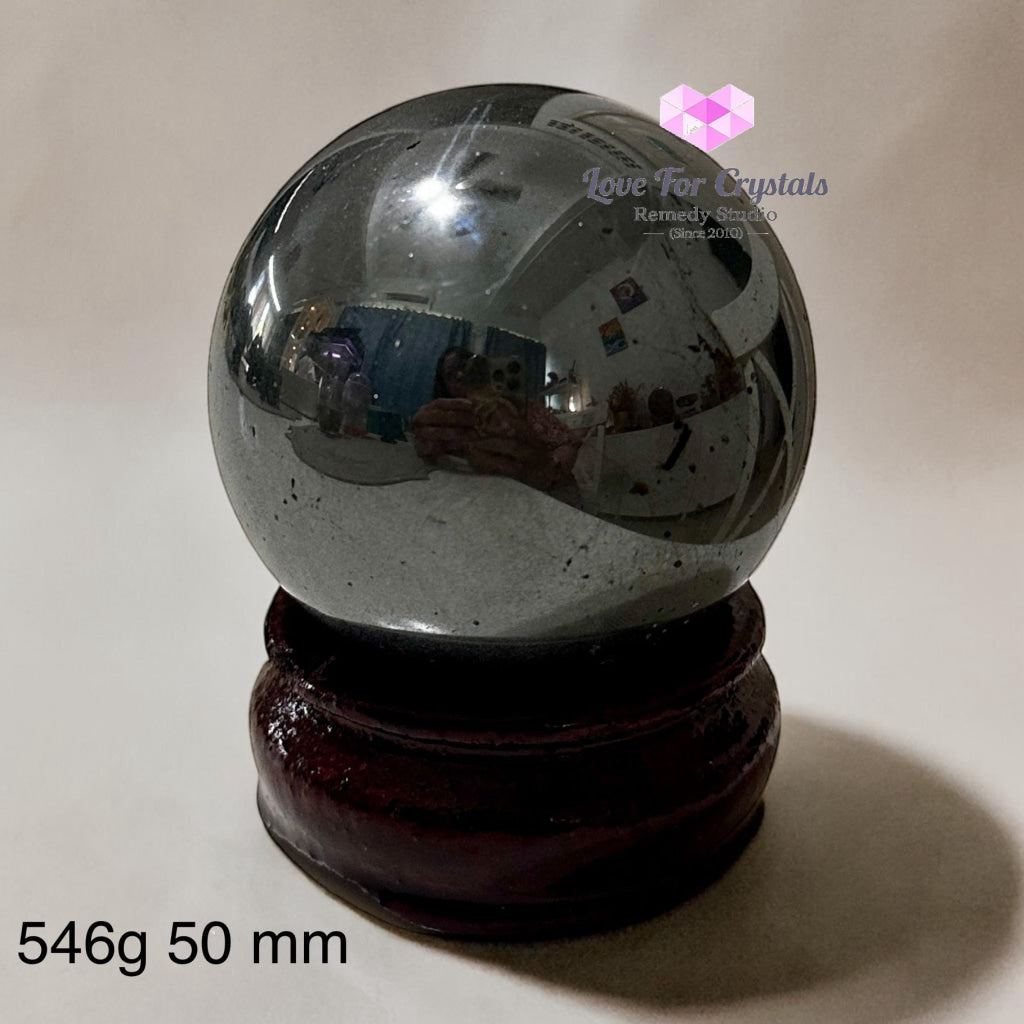 Hematite Sphere on Wooden Stand - 546g 50mm - Hematite
