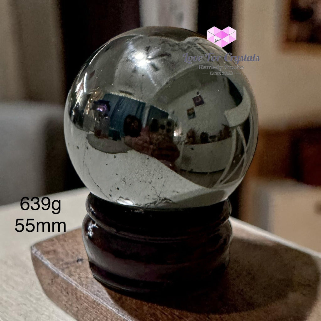 Hematite Sphere on Wooden Stand - 639g 55mm - Hematite