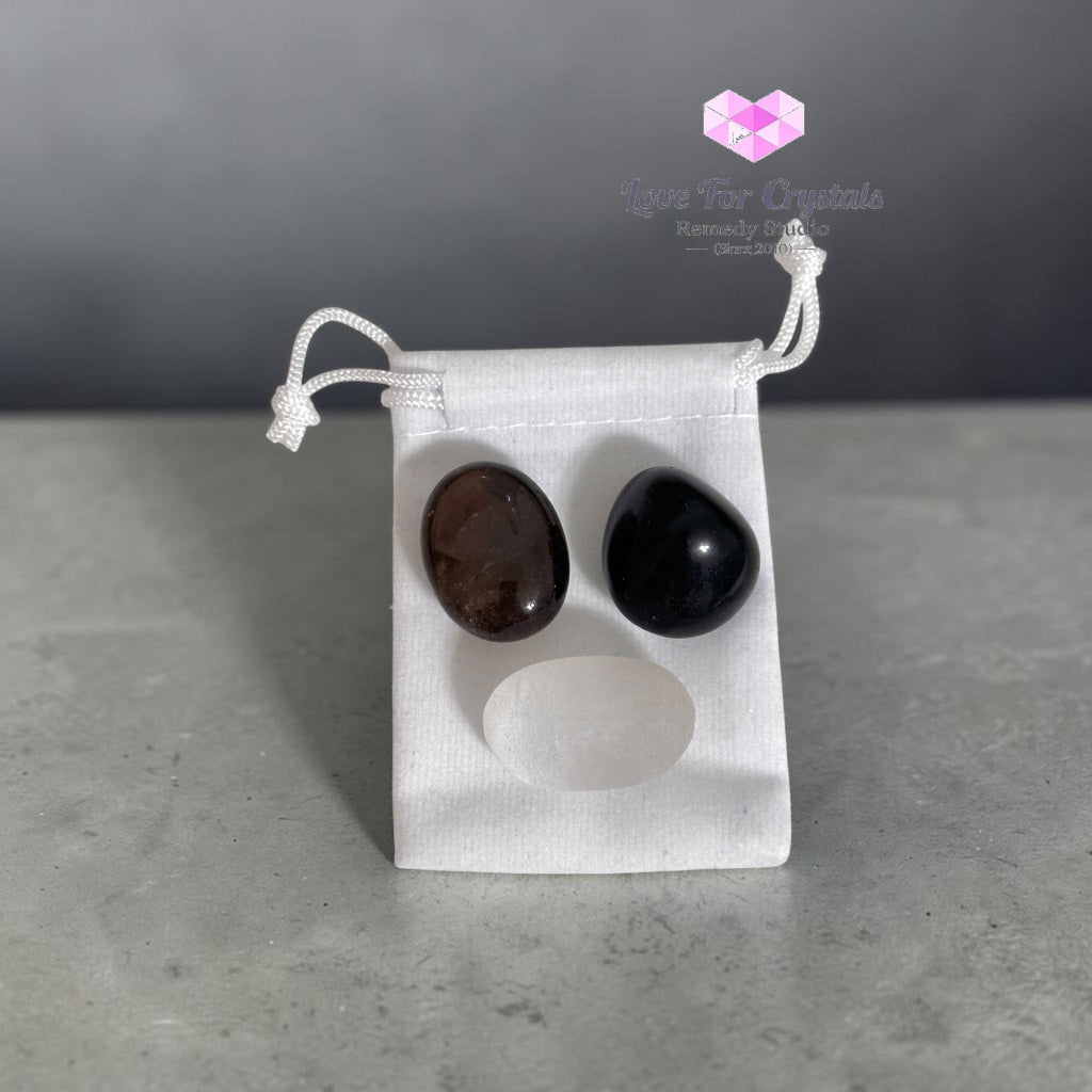 KARMA CLEANSING Pocket Remedy Crystal Trio Set (Selenite Smoky Quartz Black Obsidian) 15-25mm - Random Set of 3 Stones