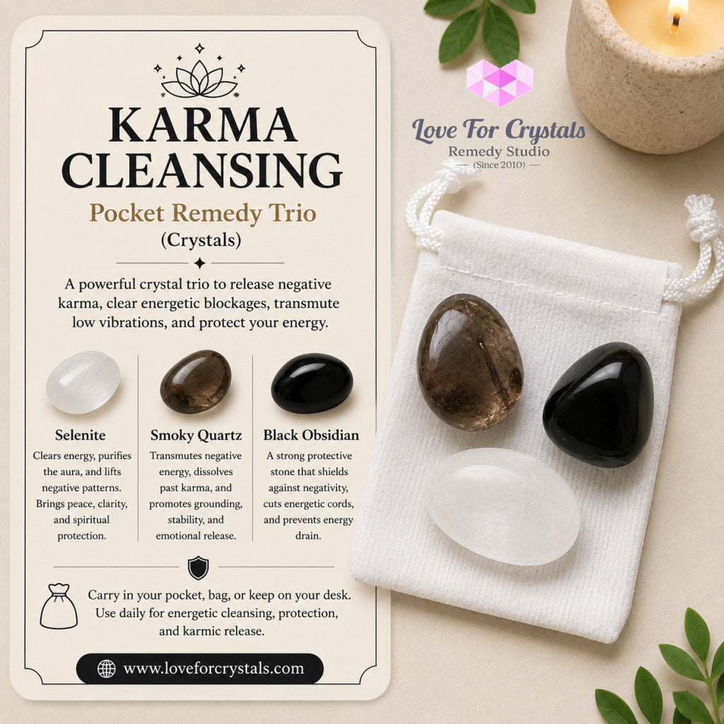KARMA CLEANSING Pocket Remedy Crystal Trio Set (Selenite Smoky Quartz Black Obsidian) 15-25mm - Random Set of 3 Stones
