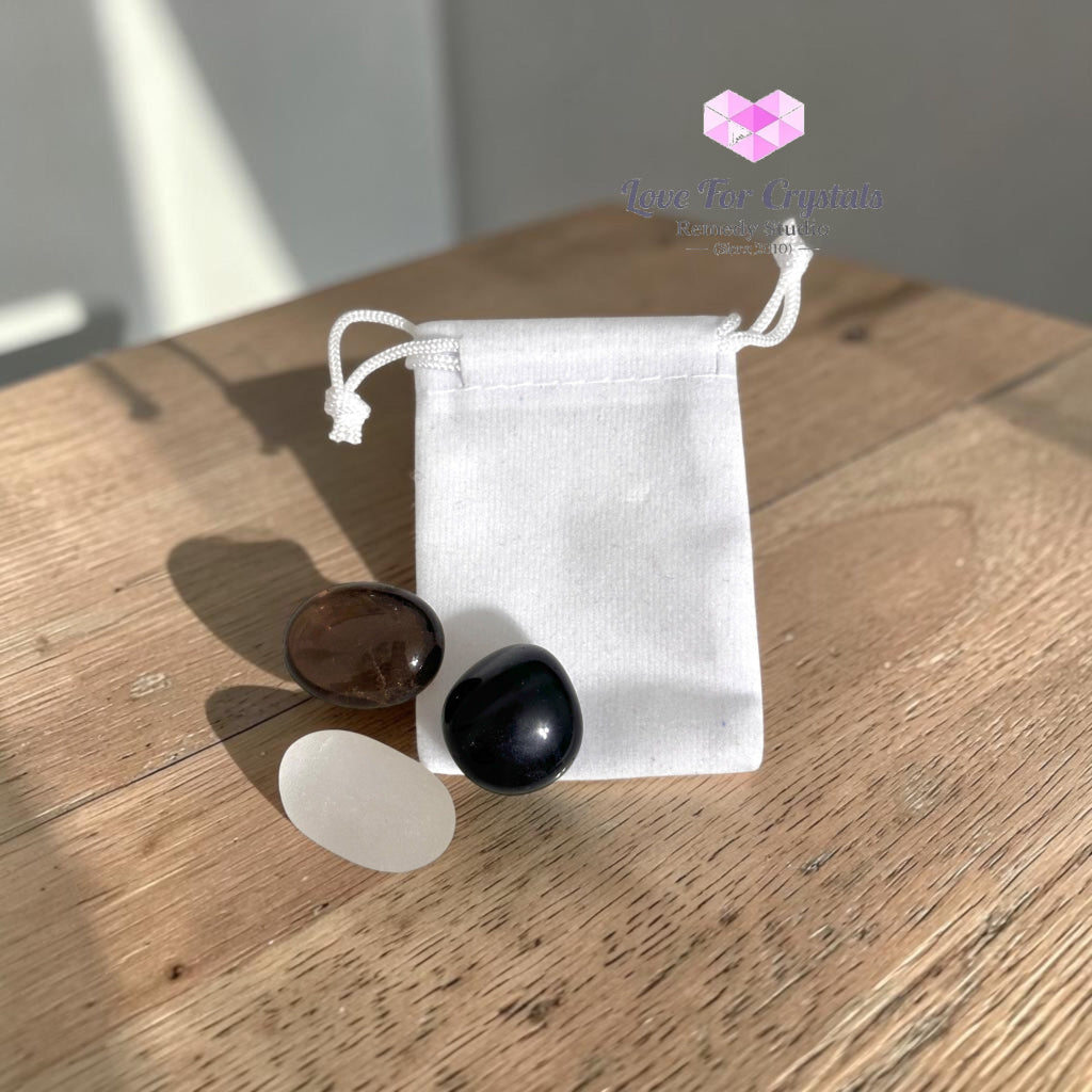 KARMA CLEANSING Pocket Remedy Crystal Trio Set (Selenite Smoky Quartz Black Obsidian) 15-25mm - Random Set of 3 Stones