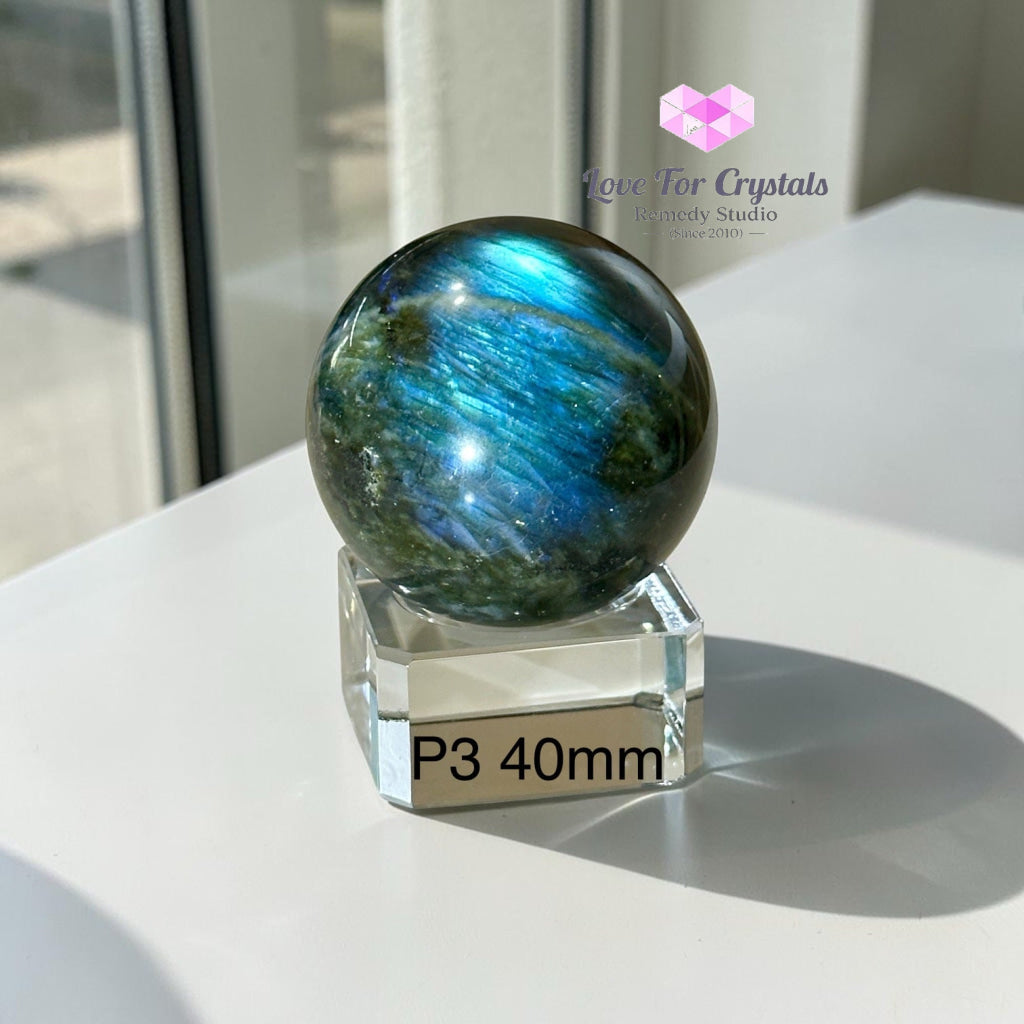 Labradorite Sphere with Blue Flashes (Madagascar) - Photo 3 (40mm) - Labradorite
