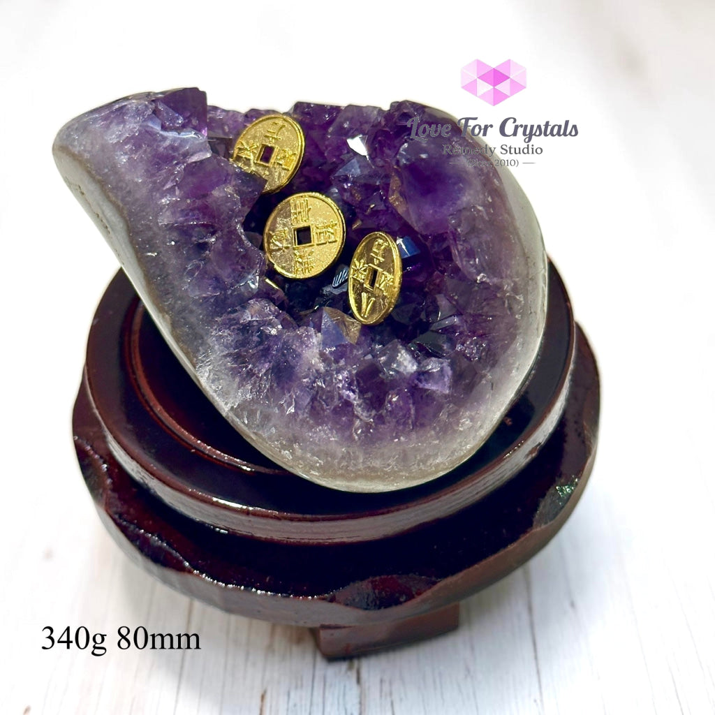 Money Catcher Amethyst on Agate with Rotating Wooden Base (Premium) Brazil - 340g 80mm - Amethyst