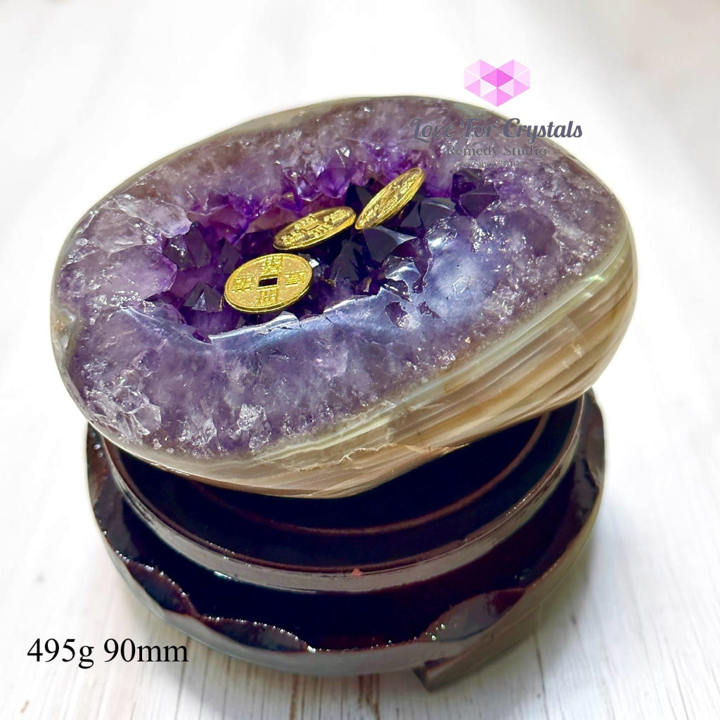 Money Catcher Amethyst on Agate with Rotating Wooden Base (Premium) Brazil - 495g 90mm - Amethyst
